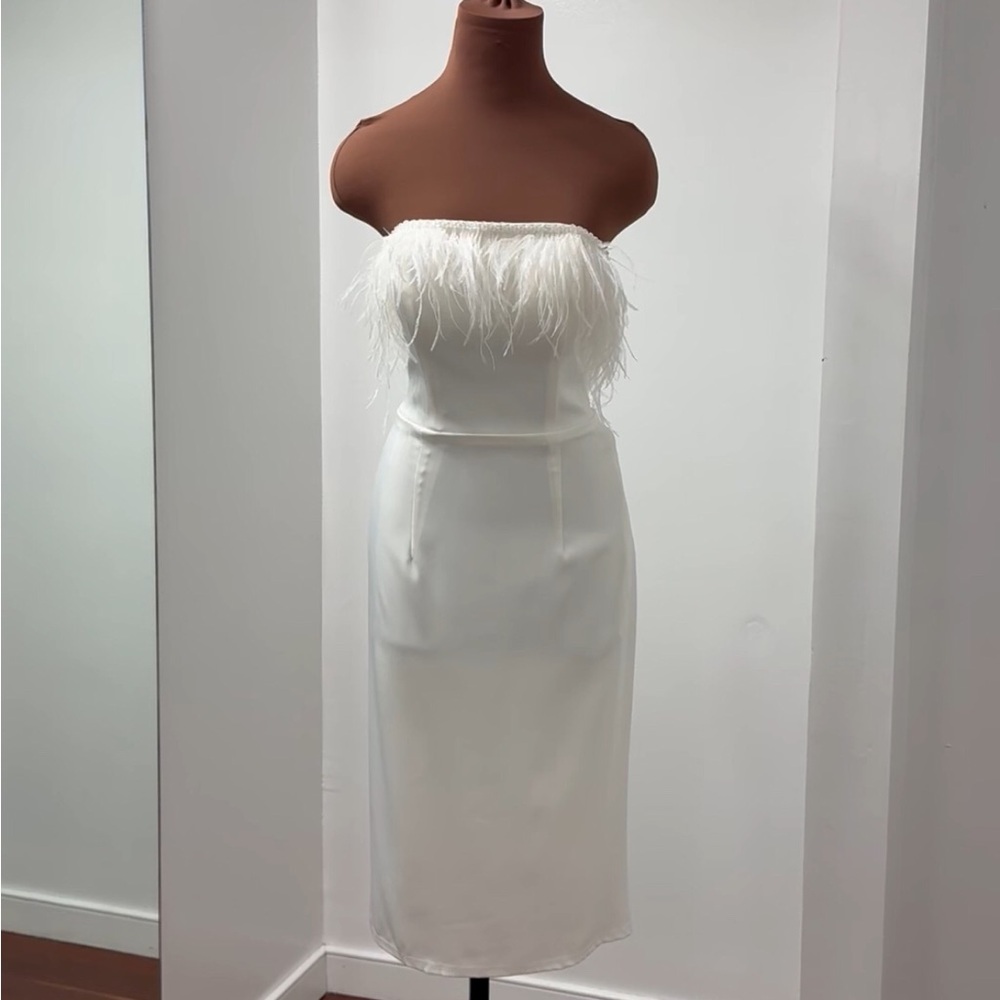 Ivory Feather-Trimmed Tea-Length Dress